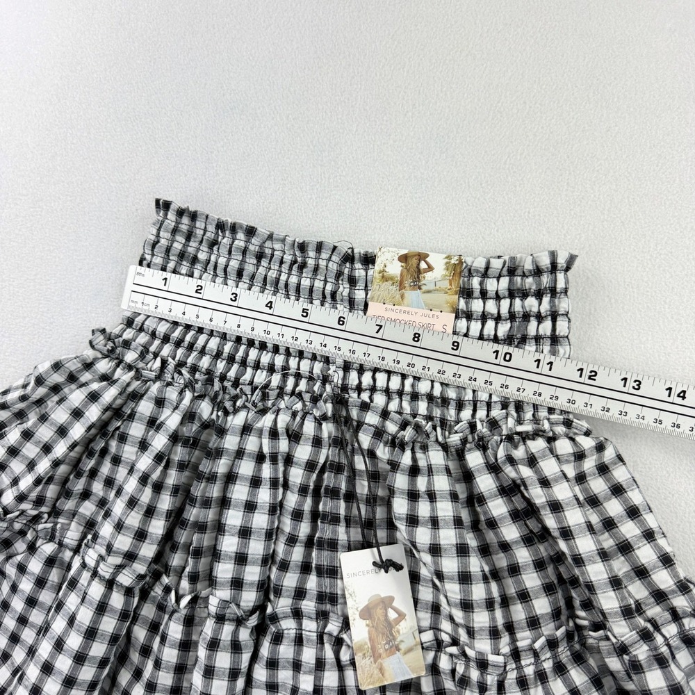 Sincerely Jules Tiered Smocked Skirt White‎ Black Plaid Size S Womens NEW - Picture 7 of 9